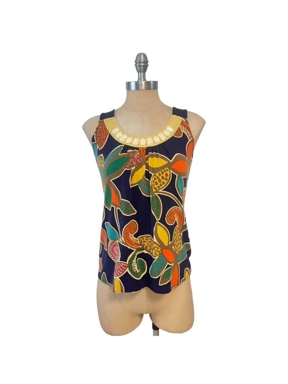 Boden Sleeveless Floral Tank Top With Bead Collar  US Size 2